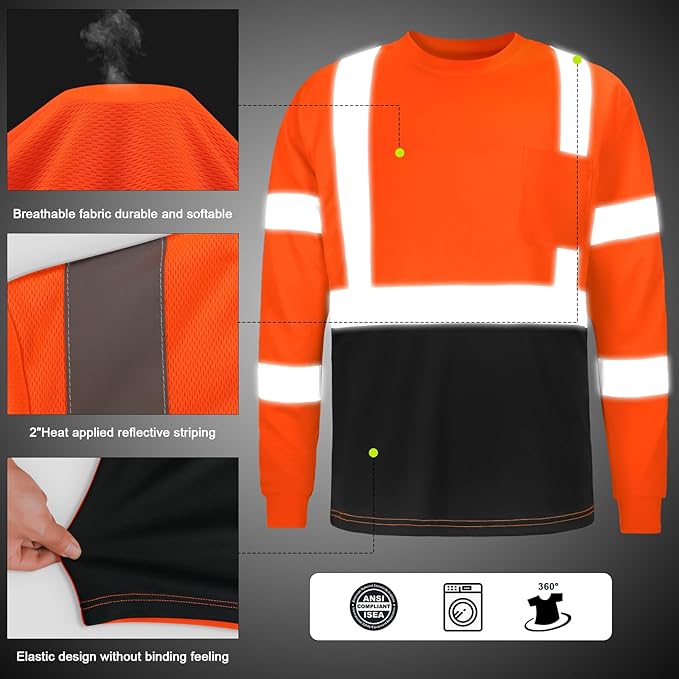 High Visibility Class 3 T Shirts，Hi Vis Safety Shirts with Reflective Strips and Pocket, Long Sleeve Quick Dry Mesh Construction Work Shirt for Men/Women Black Bottom Orange,Small