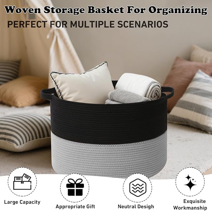 Large Storage Basket with Handle,23.6" x 23.6" x 15.7" Blanket Basket Storage Bins for Organizing,65L Cotton Rope Woven Baskets for Living Room, Nursery ,Bedroom,Black&Light Grey