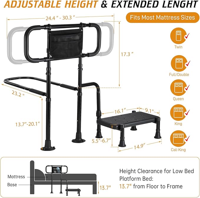 Bed Rails for Elderly Adults Safety, Step Stool with Handle for Ederly - Extended Bed Assist Rail for Seniors with Storage Bag - Adjustable Bed Side Rails Foot Stool, Fits Twin Full Queen King