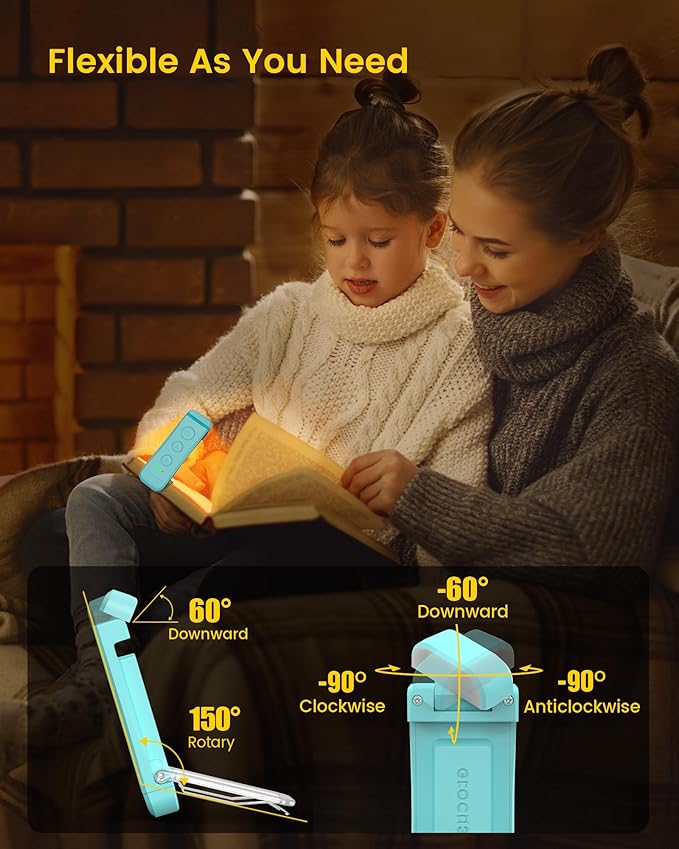 Glocusent USB Rechargeable Book Light for Reading in Bed, Portable Clip-on LED Reading Light, 3 Amber Colors & 5 Brightness Dimmable, Compact & Long Lasting, Perfect for Book Lovers (Blue-Pro Max)
