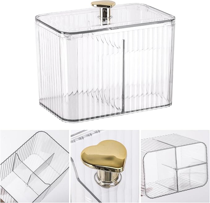 Tbestmax Qtip Holder Dispenser 3-Section Clear Bathroom Organizer Jar 3 Grids Cotton Swab/Pad/Ball Holder Container Cosmetics Storage for Vanity(2 Pack)