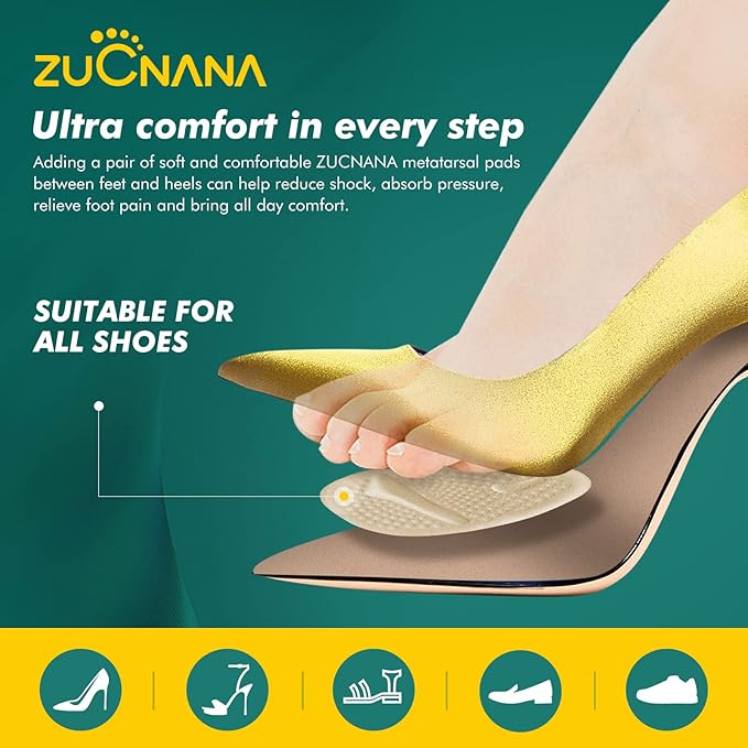 Ball of Foot Cushions (Beige) | Metatarsal Pads for Women (6 Pairs Foot Pads) | Reusable Shoe Inserts for Pain Relief | Non-Slip Heel Cushion Inserts Best for Neuroma and Callus