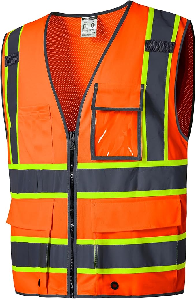 SKSAFETY 10 Pockets Safety Vest, Class 2 High Visibility Security with Zipper Back Mesh, Hi Vis Vest with Reflective Strips, ANSI/ISEA Standard, Construction Work Vest for Men ＆ Women （Orange, L）