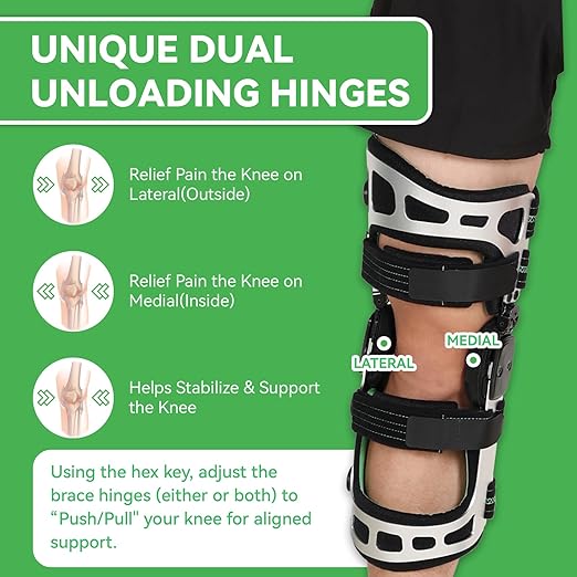 Orthomen OA Knee Brace for Pain Relief - Support for Joint Degeneration, Meniscus Tear, Arthritis, and Bone-on-Bone Pain - Dual Unloading for Medial and Lateral Compartment (Large, Right, Silver)