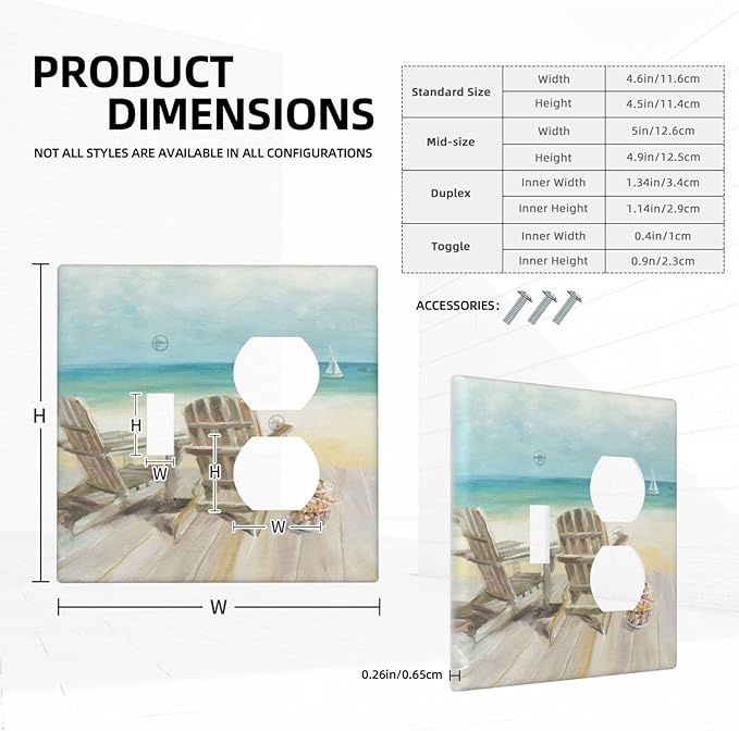 Decorative Light Switch Cover Plate Beach Chair Seascape Blue Ocean Modern Coastal 2 Gang Outlet Covers 1 Toggle 1 Duplex Wall Plate Decorate Electrical Switch Plate Covers for Bathroom Home