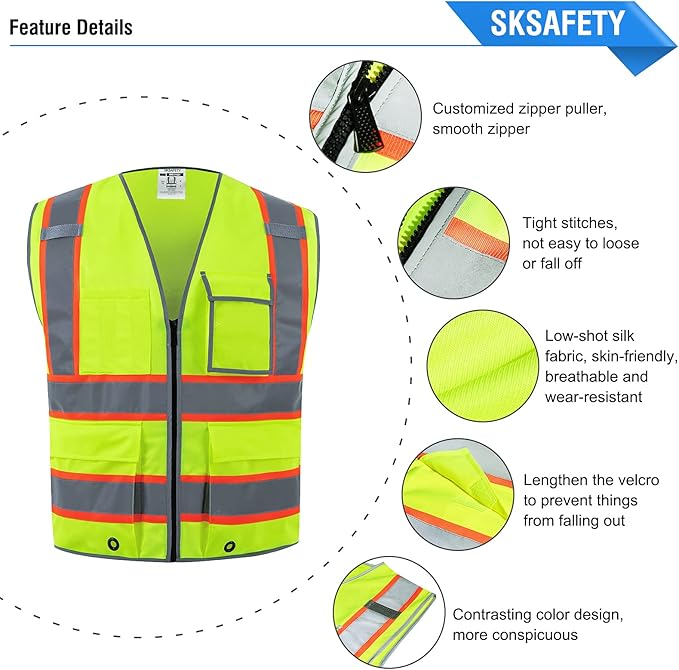 SKSAFETY 10 Pockets Safety Vest, Class 2 High Visibility Security with Zipper, Hi Vis Vest with Reflective Strips, ANSI/ISEA Standard, Construction Work Vest for Men ＆ Women （Lime, 2XL）