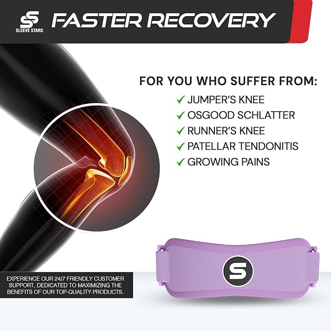 Sleeve Stars Swedish Brand Patellar Tendon Support Strap for Women & Men Effective Osgood Schlatter Knee Brace Youth & Kids Knee Brace with 3 Adjustable Length fits 7"-15" (Single/Light Purple/Kids)