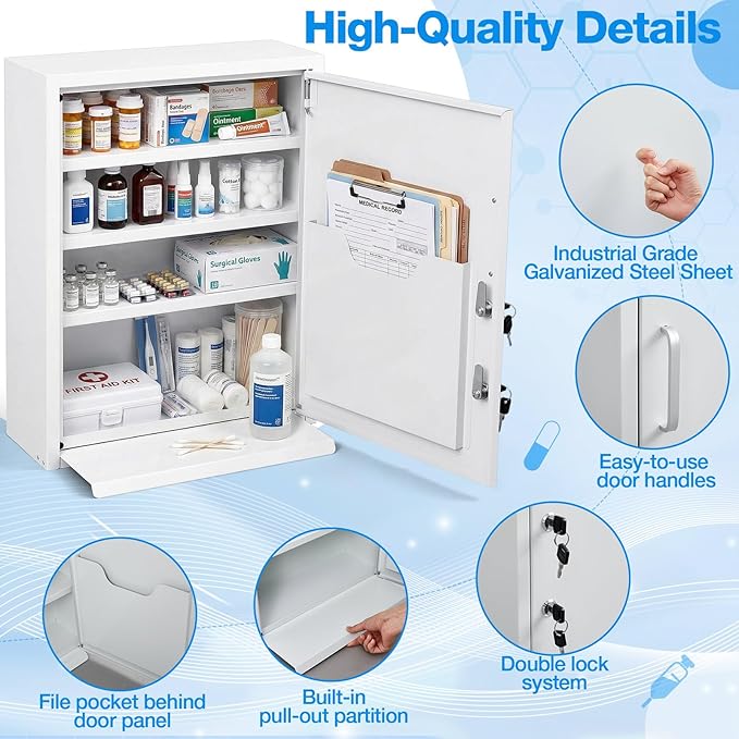 Zonon Locking Medication Cabinet with Document Pocket, Metal Wall Mounted Medication Cabinet with Dual Keys and Lock (White,21 x 16 x 6 Inch,Right Angle)