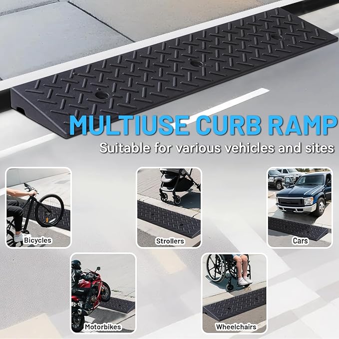 Rubber Curb Ramp, 3.2" Rise Height 2 Pack, Heavy-Duty 1.5 T Capacity Threshold Ramps, 39.4" L x 9.8" W Driveway Ramps for Cars, Wheelchairs, Bikes, Motorcycles
