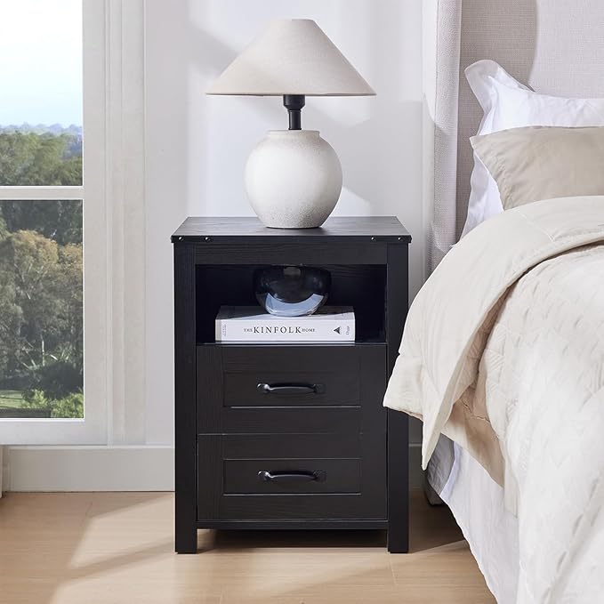 Black Rustic Night Stand, Farmhouse End Table, Modern Bedside Table with 2 Storage Drawers and Open Shelf, Tall Nightstand for Bedroom