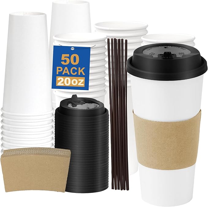 20 oz 50 Pack Coffee Cups with Lids and Sleeves, Straws, Hot Disposable To Go Travel Paper Cups Bulk for Office, Home Coffee Bar Accessories, Chocolate, Cocoa, Beverage (White)
