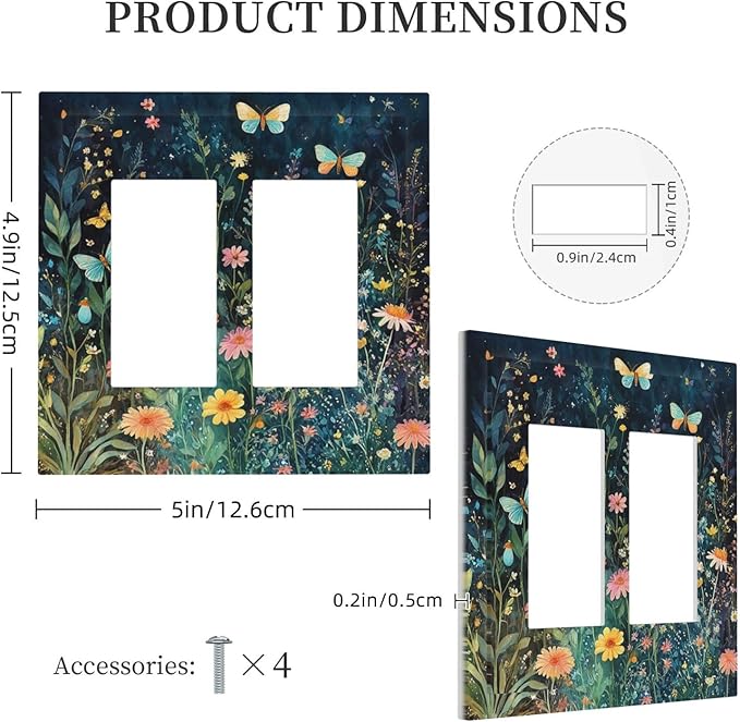 Decorative Outlet Covers Boho Vintage Floral Flower Butterfly 2 Gang Double GFCI Rocker Electrical Wall Panels Light Switch Cover Plate for Bedroom Home Decor
