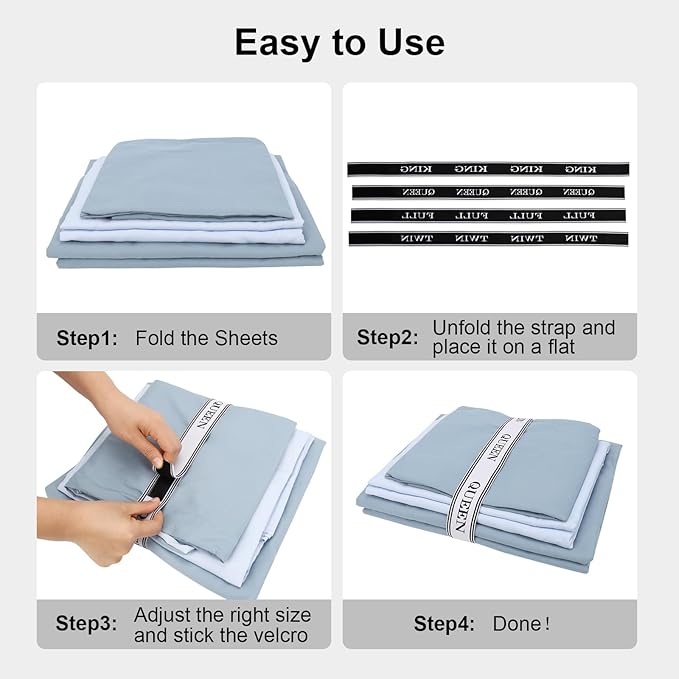 Bed Sheet Organizer Bands with Hook and Loop Adjustable Sheet Organizers and Storage Label Bands for Linen Closet-Elastic Bedding Sheet Keeper Straps for Bedsheet Sets (King 4PCs)
