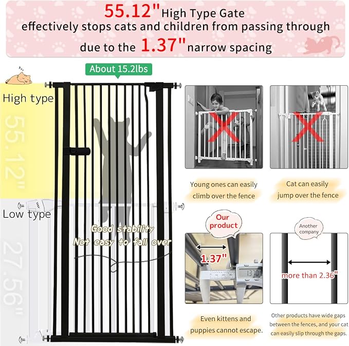 Lumizone Extra Tall Cat Gate 55.12" High Pressure Mounted Extra Wide 2025 New (17 Sizes) 1.37" Gap No Drilling Auto-Close One-Handed Operation Tall Pet Gate for Dogs(Black, 55.12" H x 84.45"-88.57" W)