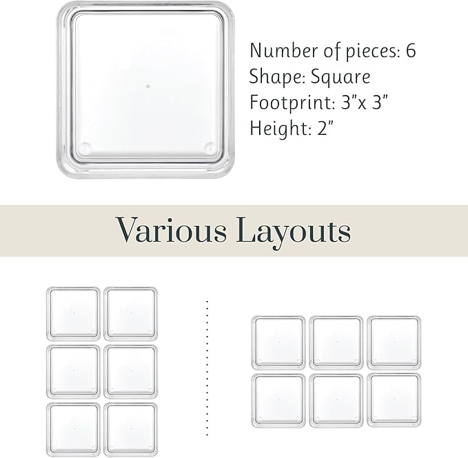 STORi SimpleSort 6-Piece Stackable Clear Drawer Organizer Set | 3" x 3" x 2" Square Trays | Small Makeup Vanity Storage Bins and Office Desk Drawer Dividers | Made in USA
