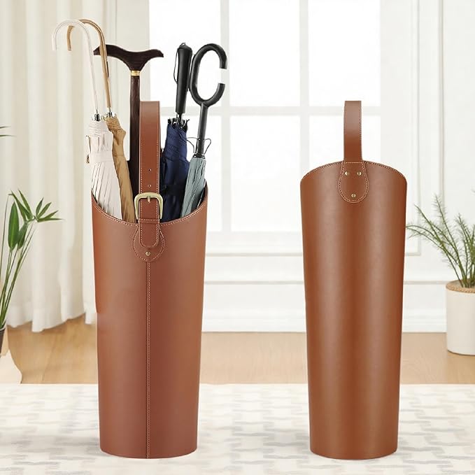 Indoor Entryway leather Umbrella bucket，Large Capacity Umbrella Storage stand，tall umbrella holder,For Hotel,Offices,home,Commercial(Beige+brown)