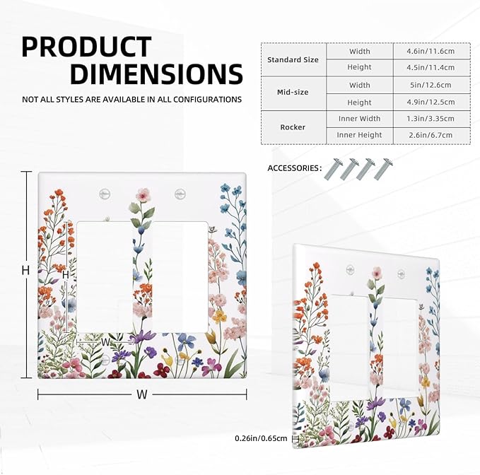 Rustic Wild Floral Vintage Colorful Flowers Outlet Covers Double Rocker Light Switch Covers Decorative 2 Gang Gfci Wall Plate Electrical Receptacle Switchplate Plug Faceplate Bathroom Decor