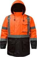 Reflective Jacket, High Visibility Parka, Waterproof Hi Vis, Safety Jacket with Removable Hood and Zipper, ANSI Class 3 (Orange,3XL)