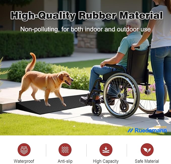 Ruedamann 1" Rise Threshold Ramp for Doorways, Sturdy Rubber Threshold Ramp, Non-Slip Power Door Ramps for Wheelchairs is Adjustable and Cuttable for Doorways,Curb, Scooters, Driveways