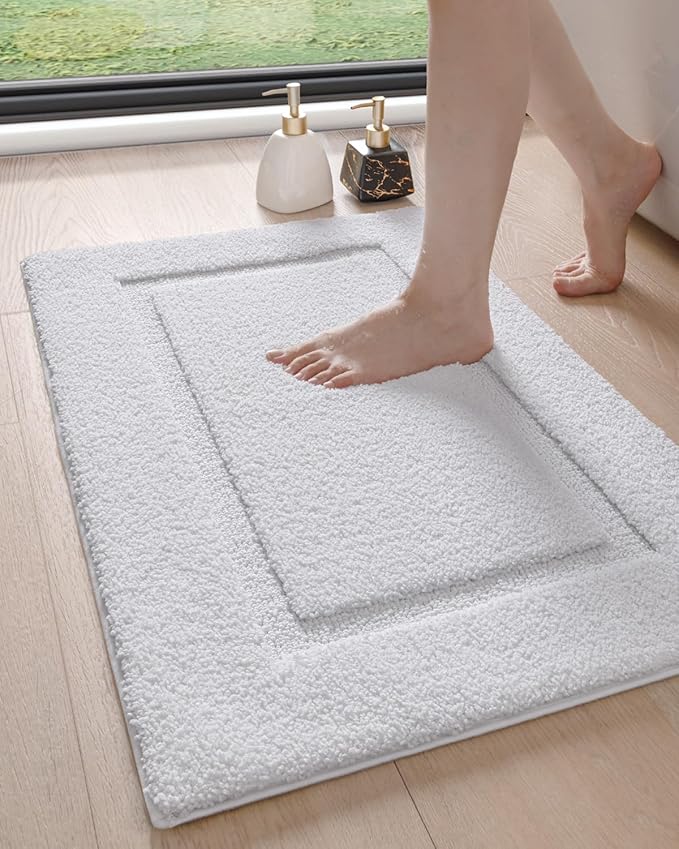 DEXI Bathroom Rugs 24x16, Washable Non Slip Bath Mat for Shower Floor, Absorbent Quick Dry Bathmat with Rubber Backing, Ultra Soft Plush Carpet for Tub, White