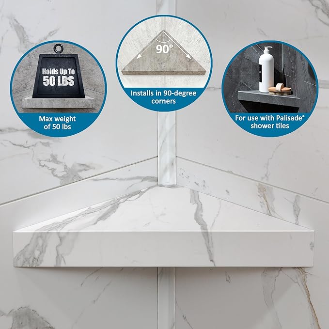 Palisade Vinyl Waterproof Corner Shower Shelf in Carrara Marble/Urban Glacier