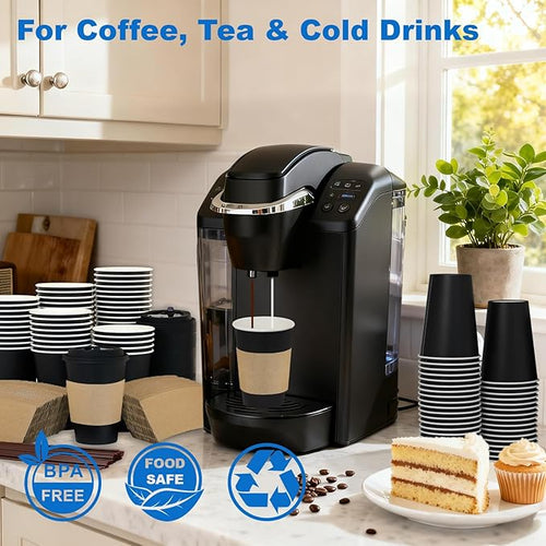 12 oz 100 Pack Coffee Cups with Lids and Sleeves, Straws, Hot Disposable To Go Travel Paper Cups Bulk for Office, Home Coffee Bar Accessories, Chocolate, Cocoa, Beverage (Black)