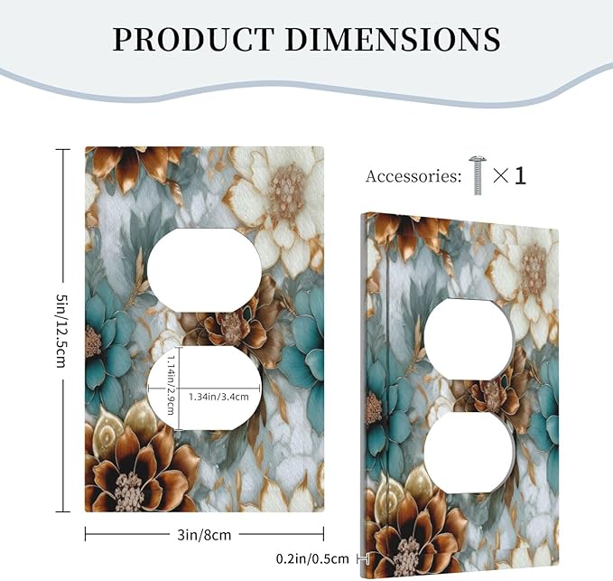 Vintage Marble Floral Gold/Green/White Metal Flowers 1 Gang Duplex Outlet Covers Decorative Single Light Switch Cover Electrical Receptacle Wall Plate Plug Switchplate Faceplate Bathroom Decor