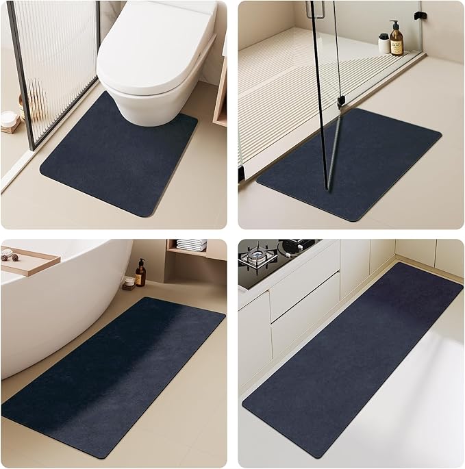 Bathroom Mat Quick Dry, Bathroom Rugs Non Slip Washable Thin Absorbent Bath Mat Fits Under Door Bathroom Floor Mat Perfect for Bath, Shower, or Sink 17"x59" Navy Blue