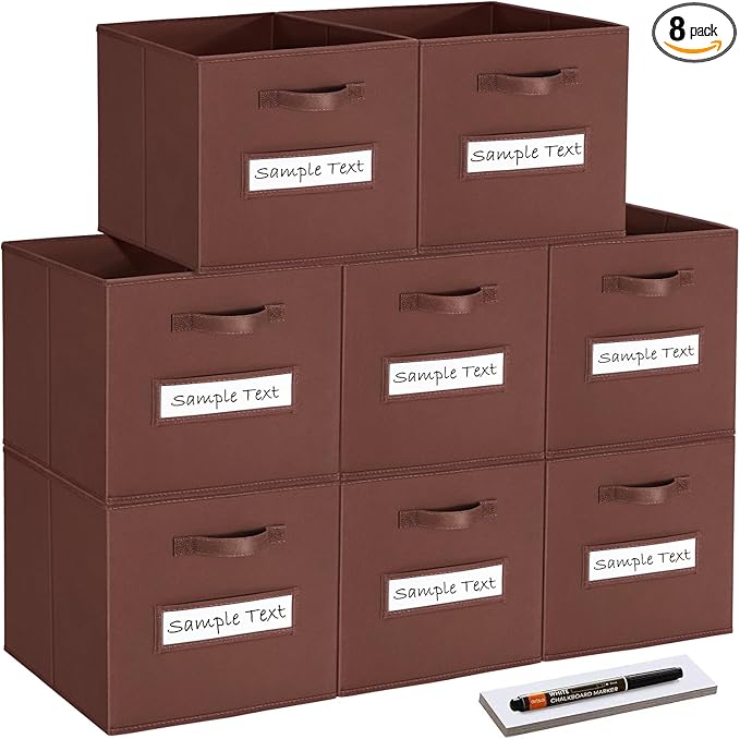 artsdi Fabric storage cubes (Set of 8) 11 Inch Cube Storage Bin, Cube storage with 8 Labels Window Cards & a Pen, Foldable cube Organizer bins,11x11 Storage bin, Cubby Organizer Boxes, Brown