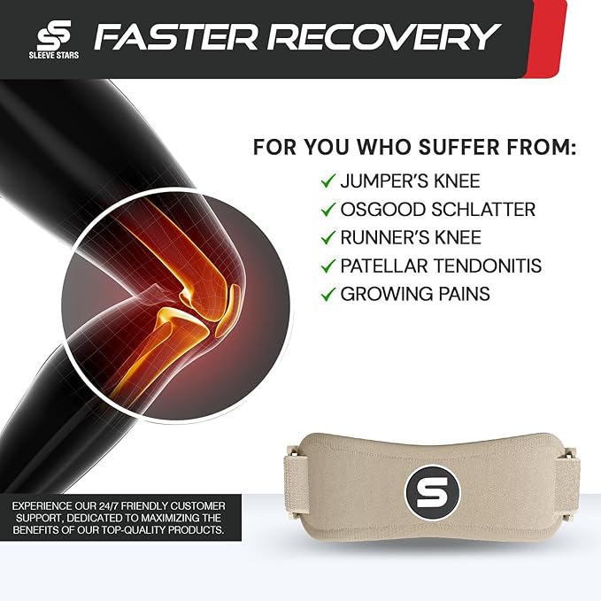 Sleeve Stars Swedish Brand Patellar Tendon Support Strap for Women & Men Effective Osgood Schlatter Knee Brace Youth & Kids Knee Brace with 3 Adjustable Length fits 7"-15" (Single/Beige/Kids)