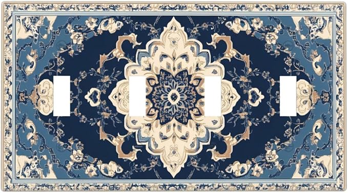 Decorative Switch Plate Covers Boho Beige Navy Blue Medallion 4 Gang Light Switch Cover Plate Quad Toggle Wall Plate Dimmer Faceplate for Country Bathroom Bedroom Decor