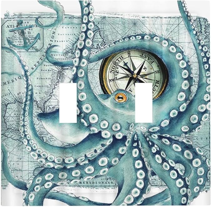Vintage Nautical Octopus Eyes Funny Ocean Kraken Double Toggle Light Switch Covers Plate Decorative 2-Gang Wall Plate Cover Compass Pirate Map Dual Device Electrical Switchplate for Bathroom