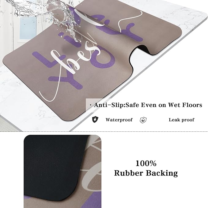 Bath Mat - Super Absorbent Non Slip Quick Dry Thin Rubber Mats for Bathroom Floor, Fit Under Door, Shower Rug for Bathtub, Beige
