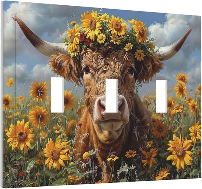 Decorative Switch Plates Vintage Sunflower Highland Cow Rustic Art 3 Gang Wall Plate Triple Toggle Light Switch Cover Faceplate Electrical Wall Panels for Bedroom Farmhouse Decor