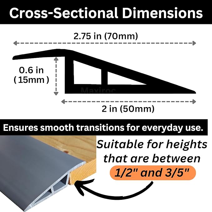 1/2" to 3/5" Height Threshold Ramp - Rubber Threshold, Floor Transition Strip, Wheelchair Ramp, Door Strip, Carpet to Tile Strip (Gray, 40 inches)