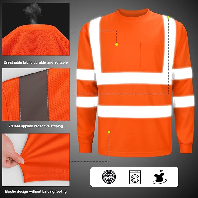 High Visibility Class 3 T Shirts，Hi Vis Safety Shirts with Reflective Strips and Pocket, Long Sleeve Quick Dry Mesh Construction Work Shirt for Men/Women Orange,Medium