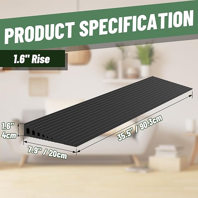 1.6" Rise Threshold Ramps for Doorways, 2000 Lbs Load Capacity, 35.5" Wide Natural Rubber Power Wheelchair Ramp is Adjustable and Cuttable for Doorways, Curb, Sweeper, Power Scooters, Bathroom