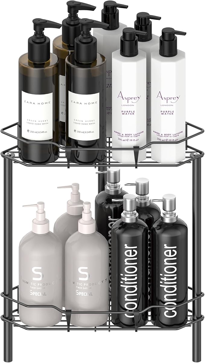 2 Tier Floor Standing Corner Shower Caddy Organizer Shelf with Hooks, Bathroom Shelves Stand Rack, Matt Black