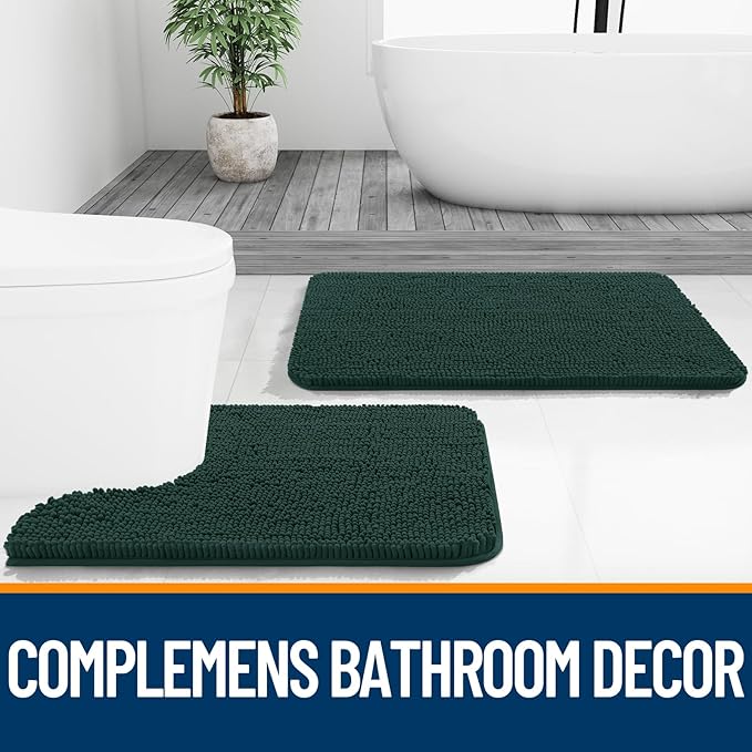 OLANLY Bathroom Rugs Sets 3 Piece, Soft Absorbent Chenille Bath Mat and U-Shaped Contour Toilet Rug, Quick Dry, Home Decor Accessories, Bath Mat Set for Floor (30"x20"+24"x16"+24"x20", Blackish Green)