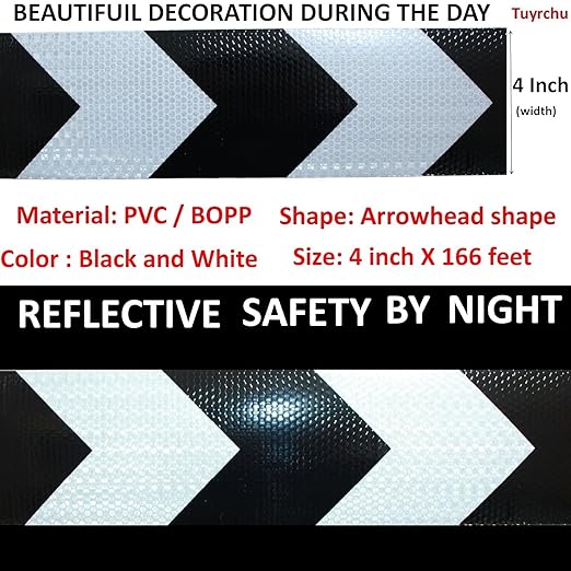 Black White Reflective Tape 4 inch X 166 feet, Outdoor Waterproof Hazard Conspicuity Safety Industrial Marking Tape