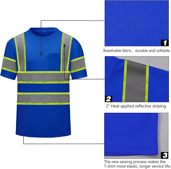 High Visibility Shirts Quick Dry Safety T Shirts with Reflective Strips and Pocket Short Sleeve Mesh Hi Vis Construction Work Class 2 Shirt for Men/Women Blue,5XL