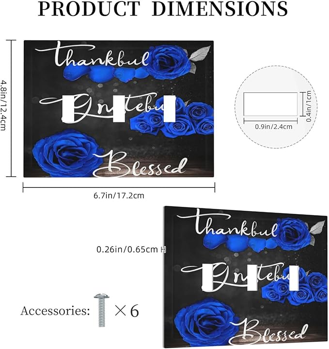 Light Switch Cover Blue Rose Thankful Grateful Blessed 3 Gang Wall Plate Triple Light Switch Plate Romantic Blue Floral Toggle Decorative Outlet Covers Electrical Switchplate for Home Decor