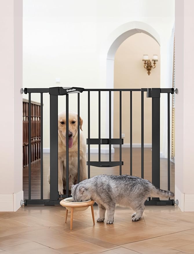 BABELIO New Version Baby Gate with Cat Door Adjustable, 29-40" Metal Pet Door for Stairs & Doorways, Pressure Mounted, No Tools Needed, Black