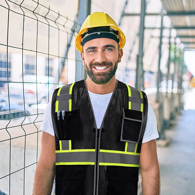 SKSAFETY 10 Pockets Safety Vest, Class 2 High Visibility Security with Zipper Double-sided mesh, Hi Vis Vest with Reflective Strips, ANSI/ISEA Standard, Construction Work Vest （Black, 2XL）