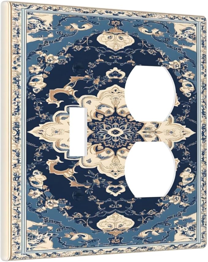 Decorative Outlet Covers Boho Beige Navy Blue Medallion 2 Gang Duplex Light Switch Cover Plate Gfci Wall Plate Plug Switch Plate Covers for Country Bathroom Bedroom Decor
