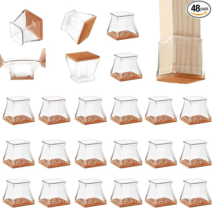 CHUNZEXI 48 Pack Square Chair Leg Floor Protectors for Hardwood Floors, Silicone Felt Covers Pads Caps, Protect Wood Furniture Feet Floors Noise Reduce and Scratch (Square Small & Clear)