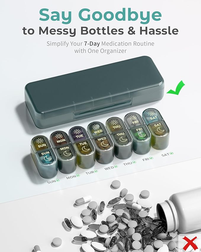 𝐏𝐢𝐥𝐥 𝐎𝐫𝐠𝐚𝐧𝐢𝐳𝐞𝐫 𝟐 𝐓𝐢𝐦𝐞𝐬 𝐚 𝐃𝐚𝐲, Am & Pm Pill Organizer 7 Days, Meicine Pill Organinzer, Pill Box 7 Day, Weekly Pill Organizer for Travel, Vitamins, Fish Oils, Supplements