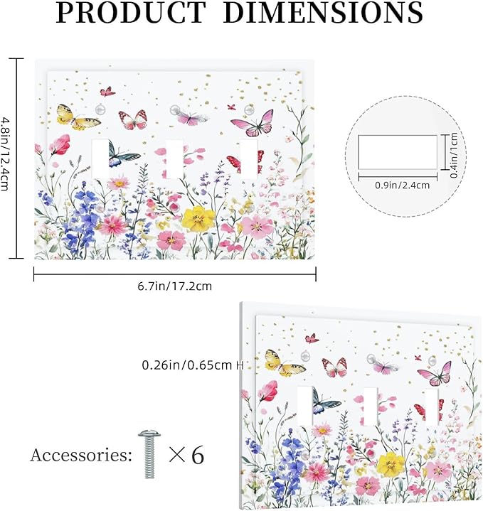 Decorative Switch Plates Watercolor Floral Butterfly Colorful Wildflower 3 Gang Wall Plate Triple Toggle Light Switch Cover Faceplate Electrical Wall Panels For Bed Room Living Room Decor