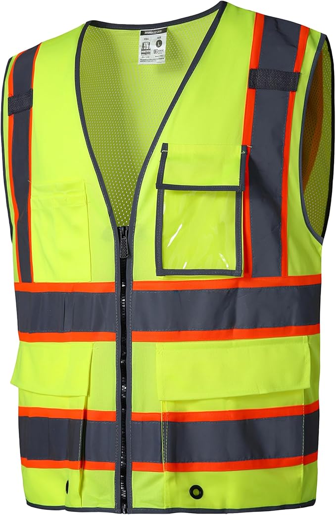 SKSAFETY 10 Pockets Safety Vest, Class 2 High Visibility Security with Zipper Back Mesh, Hi Vis Vest with Reflective Strips, ANSI/ISEA Standard, Construction Work Vest for Men ＆ Women （Lime, M）