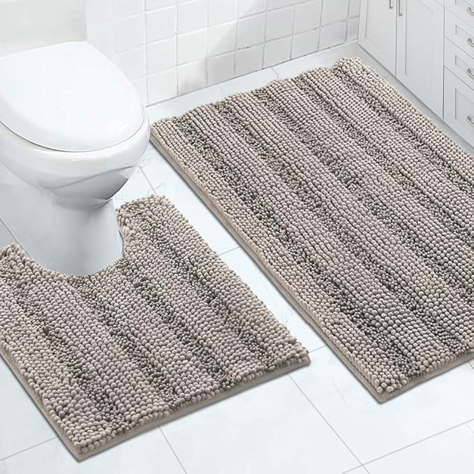 Turquoize Chenille Bathroom Rugs Set Non-Slip Bath Mats for Bathroom Super Absorbent Shaggy Rugs for Tub Shower Toilet Plush Bath Rug Plus U Contour Rug (Oversized: 24" x 36" and 20" x 24" U), Taupe